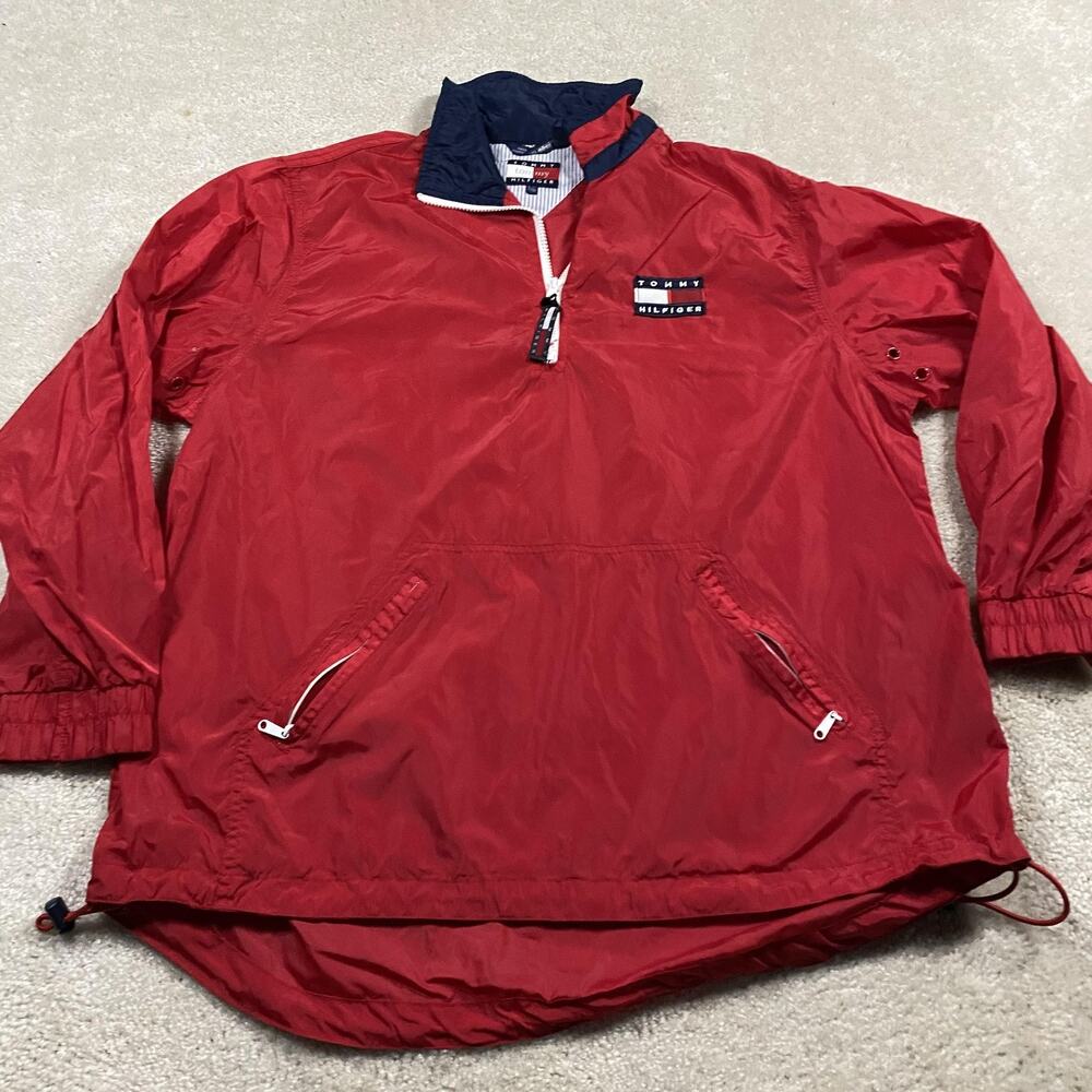 VTG Tommy Hilfiger Jacket Mens L Red Nylon 1/4 Zip Anorak Pullover Flag Logo